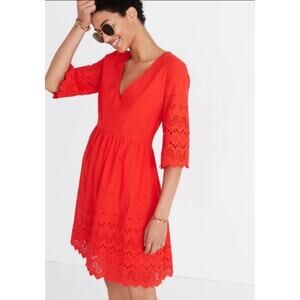 Madewell Eyelet Lattice A Line Orange Red V Neck Mini Dress Womens Size 8